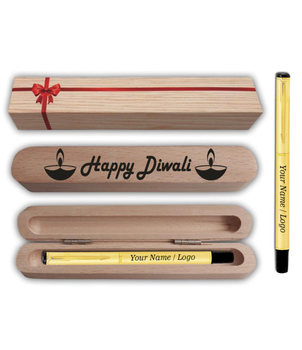 A best Personalized Wooden Diwali Gift Box with Customizable Pen, Natural Wood, Traditional Design, Festive Engraving