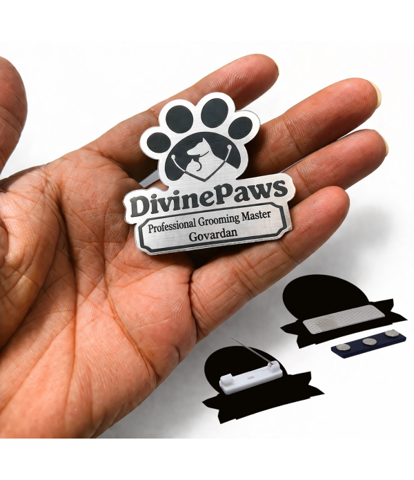 A Logo Cut-to-Shape Name Badge, Pin or Magnet, Gold, Silver, Rose Gold, Personalised for Corporate, Business, School