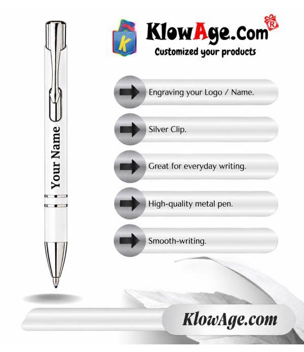 A Personalized White Metal Ballpoint Pen with Custom Name/Logo Engraving, Customized For Men And Women | Doctor Birthday| Weddings | Corporate gift| Employee Gifting A Personalized White Metal Ballpoint Pen with Custom Name/Logo Engraving, Customized For Men And Women | Doctor Birthday| Weddings | Corporate gift| Employee Gifting