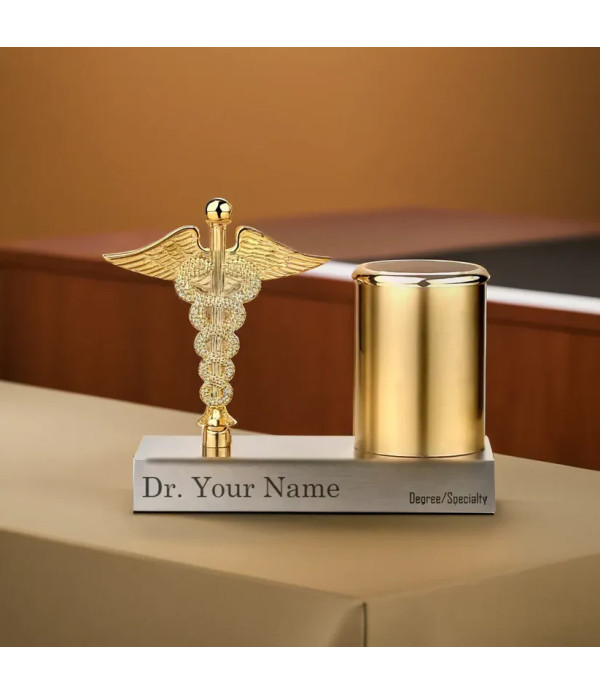 Professional Medical Caduceus Pen Holder, Gold Metallic Desktop Stand with Customizable Name Plate, Silver Base | Best For Doctors/Medical Aspirants| Material-Fiber | White  | Doctor Birthday| Weddings