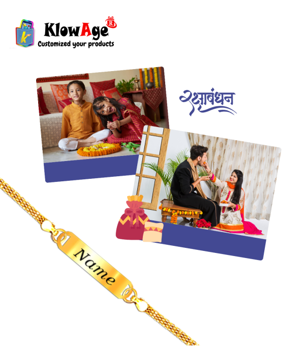 Personalised Name Rakhi with Gold-Plated Nameplate, gold colour chain Traditional Raksha Bandhan Bracelet, Customisable