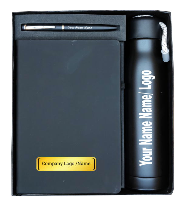 A KlowAge Customised Gift set of Pen With Steel Water Bottle And Diary for Men & Women | 3 in 1 Corporate Persnolised Gift Set | Customized Notebook/Diaries/Journals | Gift Combo