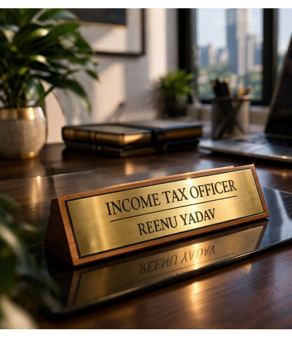 KlowAge Customised Wooden Desk Name Plate, Office Table Accessory, Gold Finish