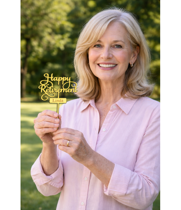 Happy Retirement Personalised Cake Topper, Gold, Rose Gold or Silver Acrylic, Custom Name Decoration