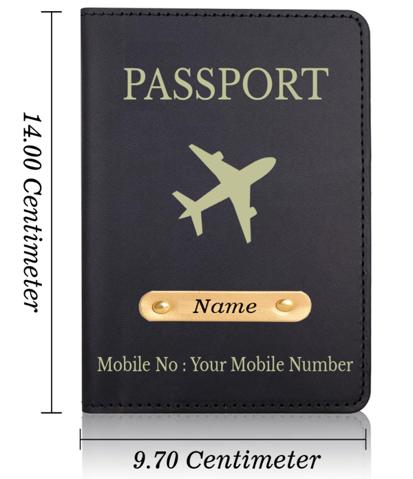 Personalized Passport Cover, Black Leather Travel Document Holder with Name Plate, Mobile Number Display, Airplane Design