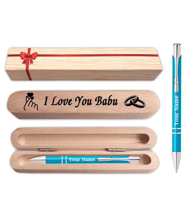 Personalized Blue Ball Pen with Wooden G...