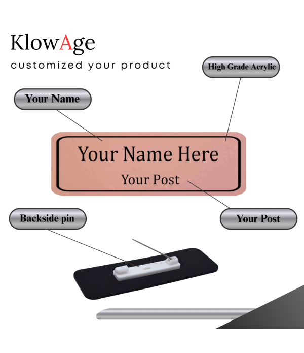 Acrylic Personalised Name Badge with Pin, Rose Gold Colour, Custom Name and Post, Professional ID Badge