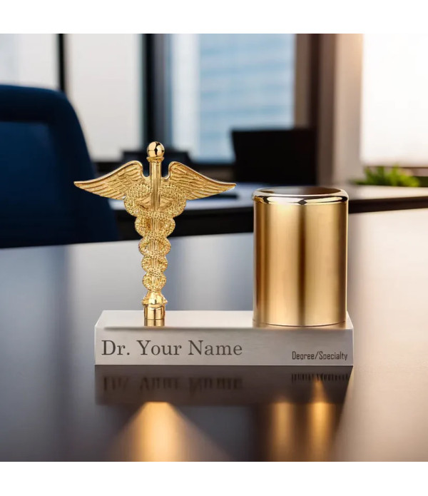 Professional Medical Caduceus Pen Holder, Gold Metallic Desktop Stand with Customizable Name Plate, Silver Base | Best For Doctors/Medical Aspirants| Material-Fiber | White  | Doctor Birthday| Weddings