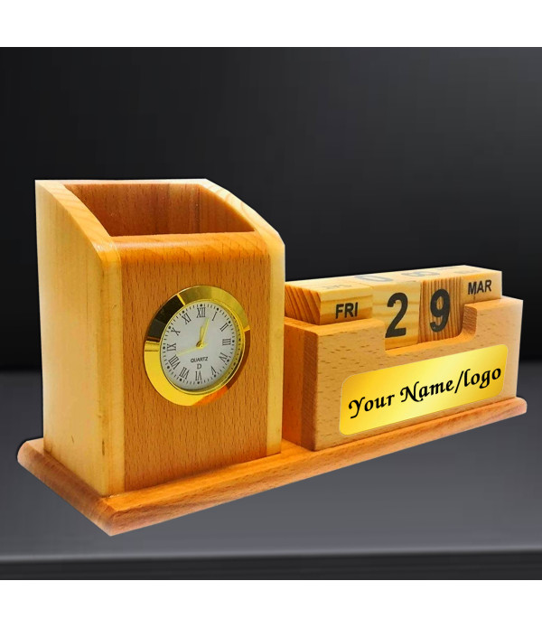 Best Wooden Pen Stand with Clock and Calendar- Personalized Engraved Name on stand, Premium Desk Organizer