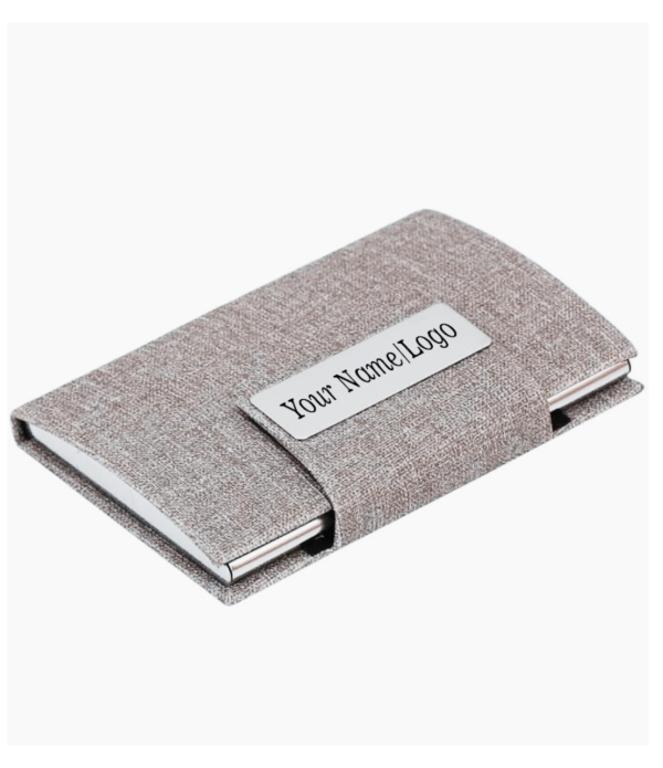 Personalized Business Card Holder with Custom Name Engraving, Metal Construction, Gray Fabric Finish, Professional Executive Style, Black Gift Box