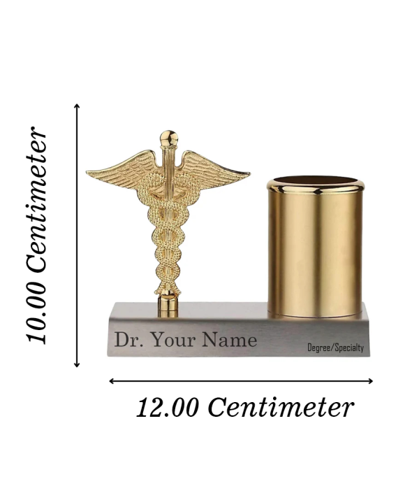 Professional Medical Caduceus Pen Holder, Gold Metallic Desktop Stand with Customizable Name Plate, Silver Base | Best For Doctors/Medical Aspirants| Material-Fiber | White  | Doctor Birthday| Weddings