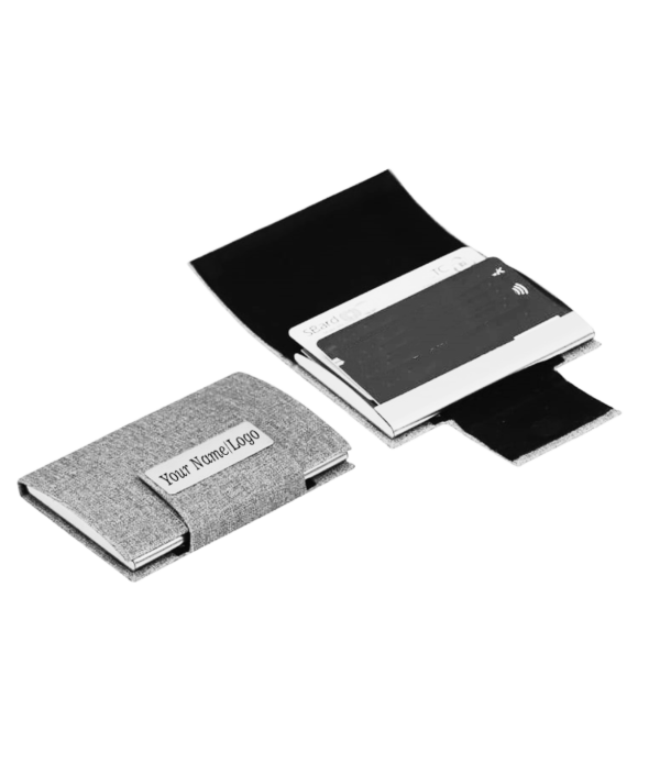 Personalized Business Card Holder with Custom Name Engraving, Metal Construction, Gray Fabric Finish, Professional Executive Style, Black Gift Box