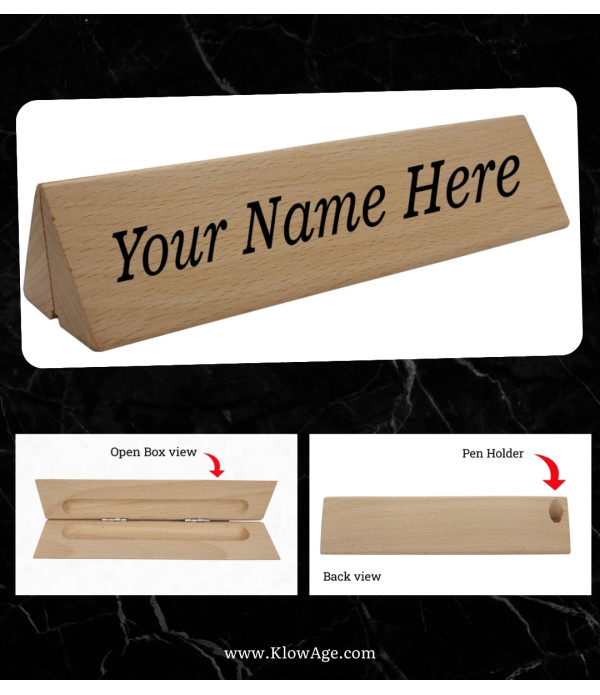 KlowAge Combo Customized Wooden Desk Name Plate with Pen & Pen Box for Gift, Office Table Accessories pen and Desk