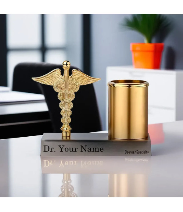 Professional Medical Caduceus Pen Holder, Gold Metallic Desktop Stand with Customizable Name Plate, Silver Base | Best For Doctors/Medical Aspirants| Material-Fiber | White  | Doctor Birthday| Weddings