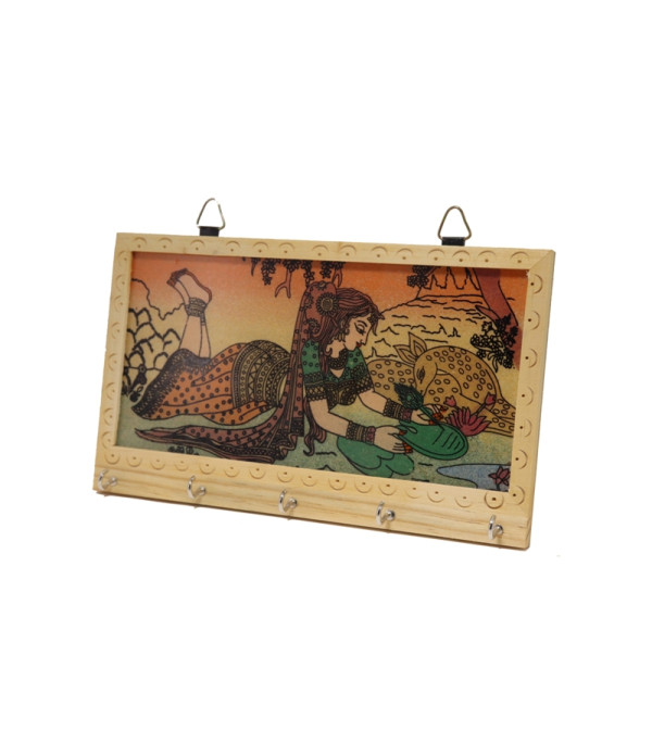 WOODEN KEY HOLDER WITH PAINTING ( L 21.50 CM X H 12.50 CM )