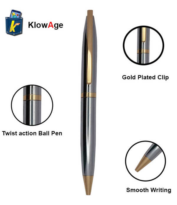 KlowAge Saint Stainless Steel Gold Trim Ball Pen with Gift Box and Bag