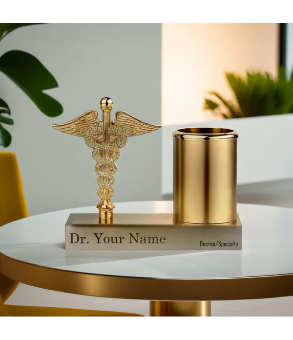 Professional Medical Caduceus Pen Holder, Gold Metallic Desktop Stand with Customizable Name Plate, Silver Base | Best For Doctors/Medical Aspirants| Material-Fiber | White  | Doctor Birthday| Weddings
