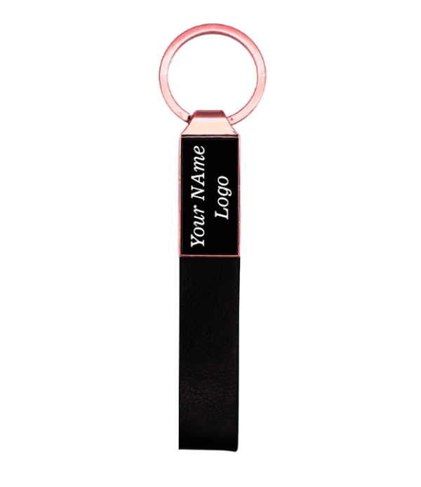 Personalized Keychain with Custom Name Engraving, Rose Gold, Black Leather Strap, Metal. Use for Hotel & Room Number, For Apartments
