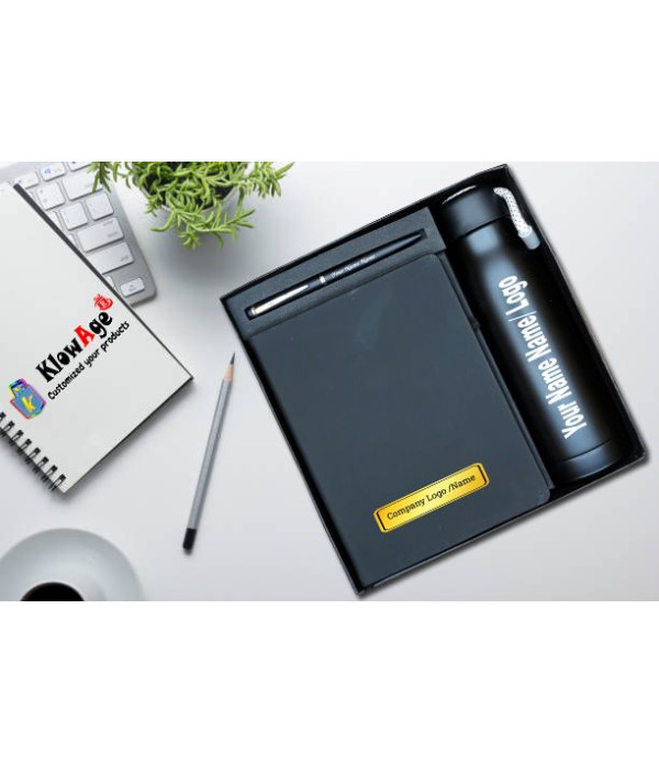 A KlowAge Customised Gift set of Pen With Steel Water Bottle And Diary for Men & Women | 3 in 1 Corporate Persnolised Gift Set | Customized Notebook/Diaries/Journals | Gift Combo
