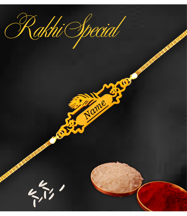 Personalised Name on more pankh Rakhi ( Peacock) For Brother with Nameplate, Gold colour chain Traditional Raksha Bandhan | Best & Trendy rakhi for bhai/Bhabhi | Customized name on Rakhi for Rakshabandhan