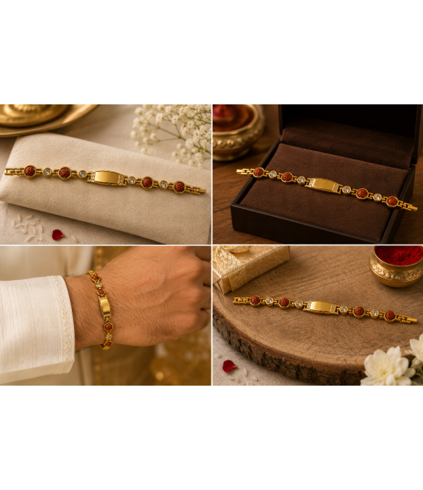 Rakhi with Personalised Name Rudraksha Gold Bracelet