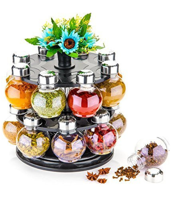 360 Degree Revolving Round Shape Transparent Pack of 16 Jar Spice Rack/Container (Black)