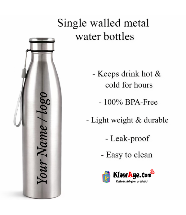 Personalised Water Bottle, Silver, 900ml, Single Walled, Leak-Proof, with Name/Logo