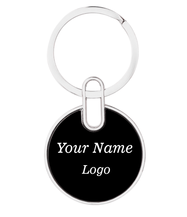 Customizable Round Metal Keychain, Black and Silver, Personalized Name Logo Design, Circular Ring Style. Use for Hotel & Room Number, For Apartments