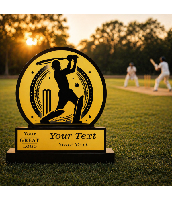 Custom Cricket Wooden & Acrylic Trophy with Batsman Silhouette, Personalized Sports Award